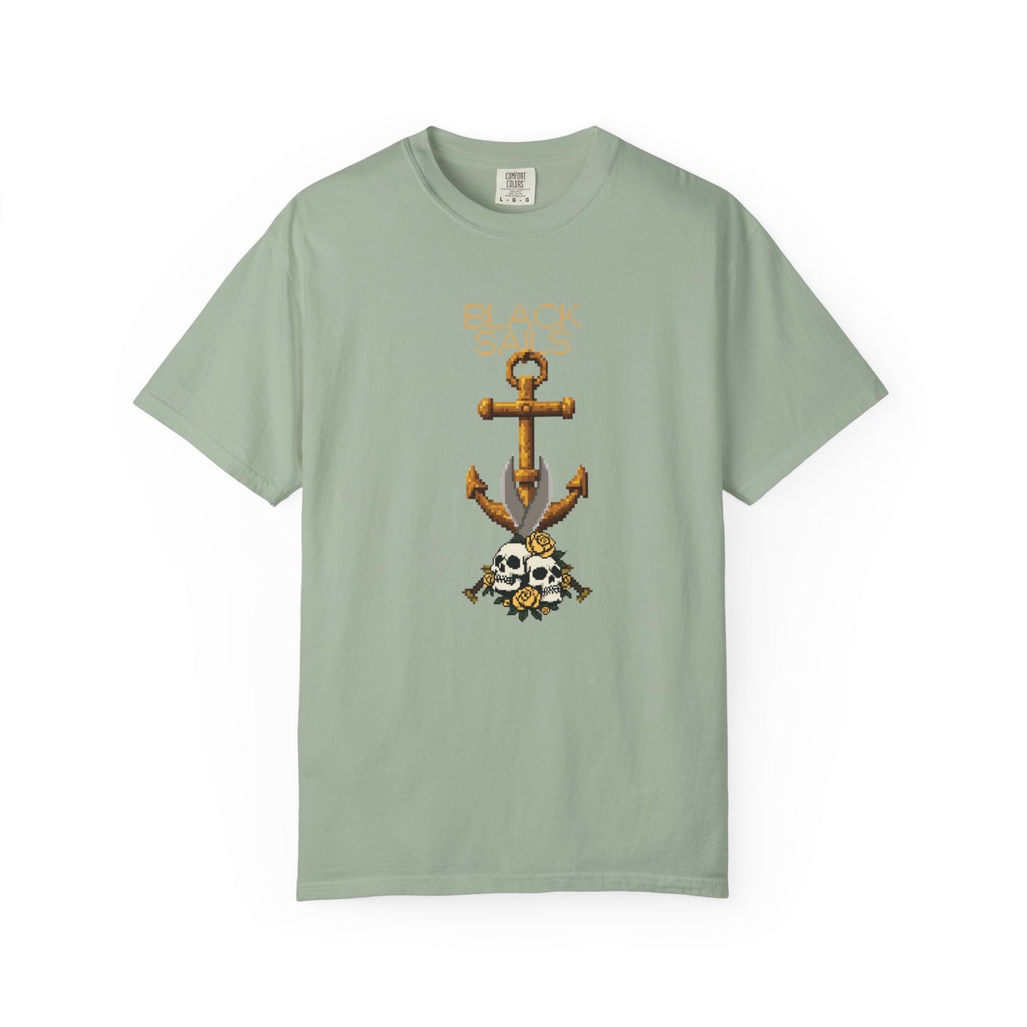 Pixel art skull design closeup showing rose and blade detail on heavyweight cotton tee
