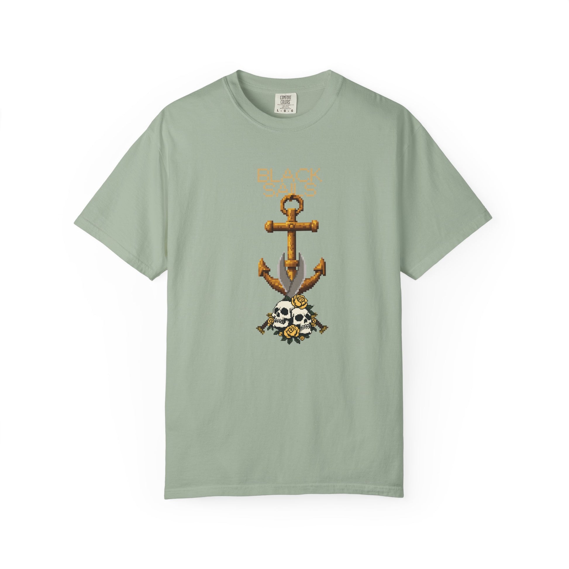 Pixel art skull design closeup showing rose and blade detail on heavyweight cotton tee
