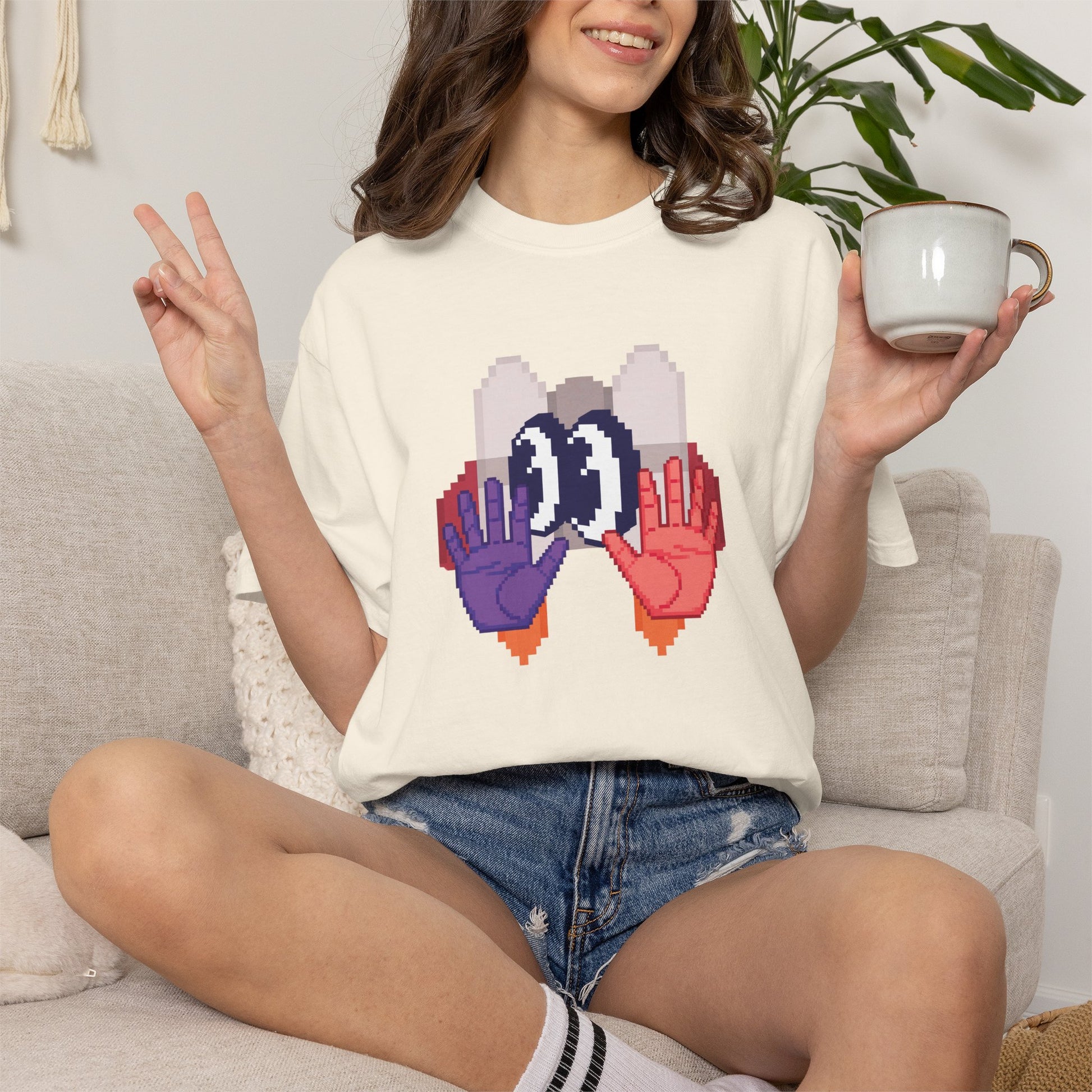 Pixel art streetwear tee flat lay on wooden surface warm lighting
