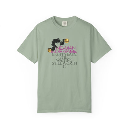 Pixel art t-shirt close-up of metallic golden jingle bells detail

