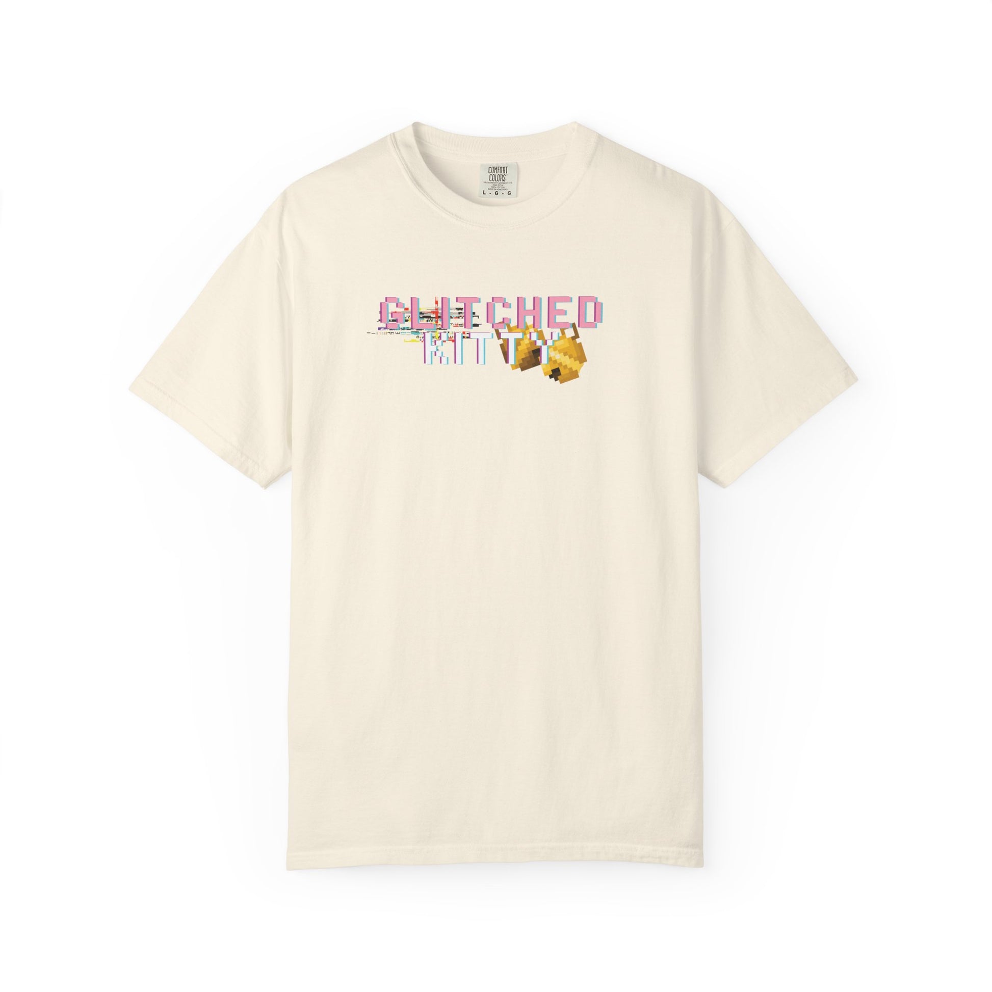 Pixel cat t shirt showing small centered glitch art print

