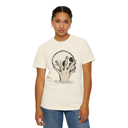 Pixel hand tee front view melting skull graphic on cream Comfort Colors blank
