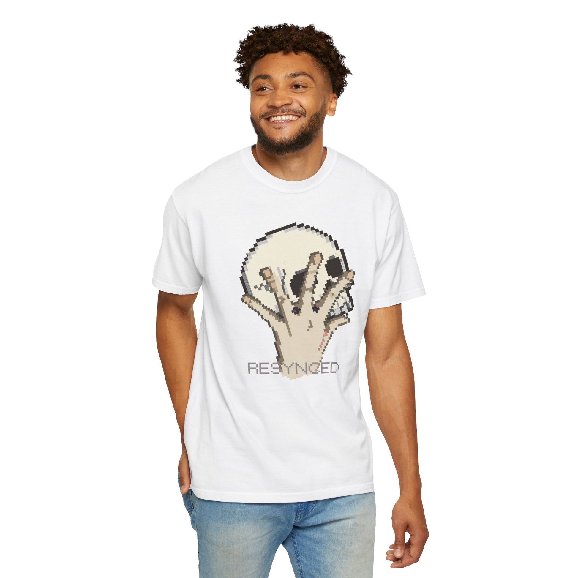Pixel hand tee size flat lay showing S through 3XL sizing
