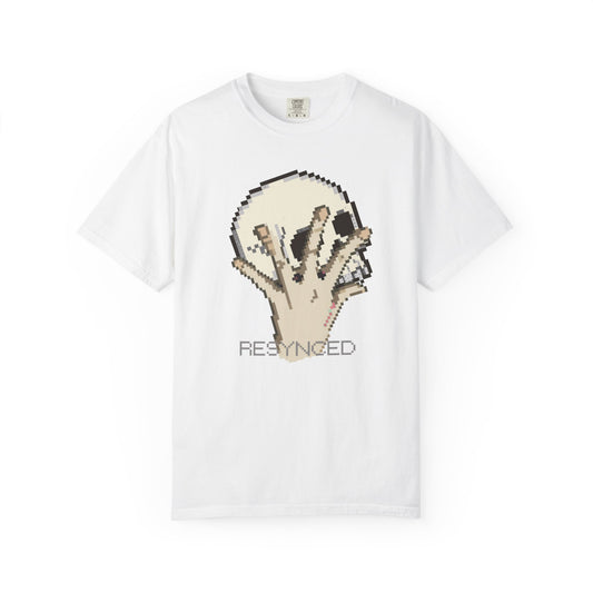 Pixel hand tee with melting fragmented skull in cream and grey pixel art
