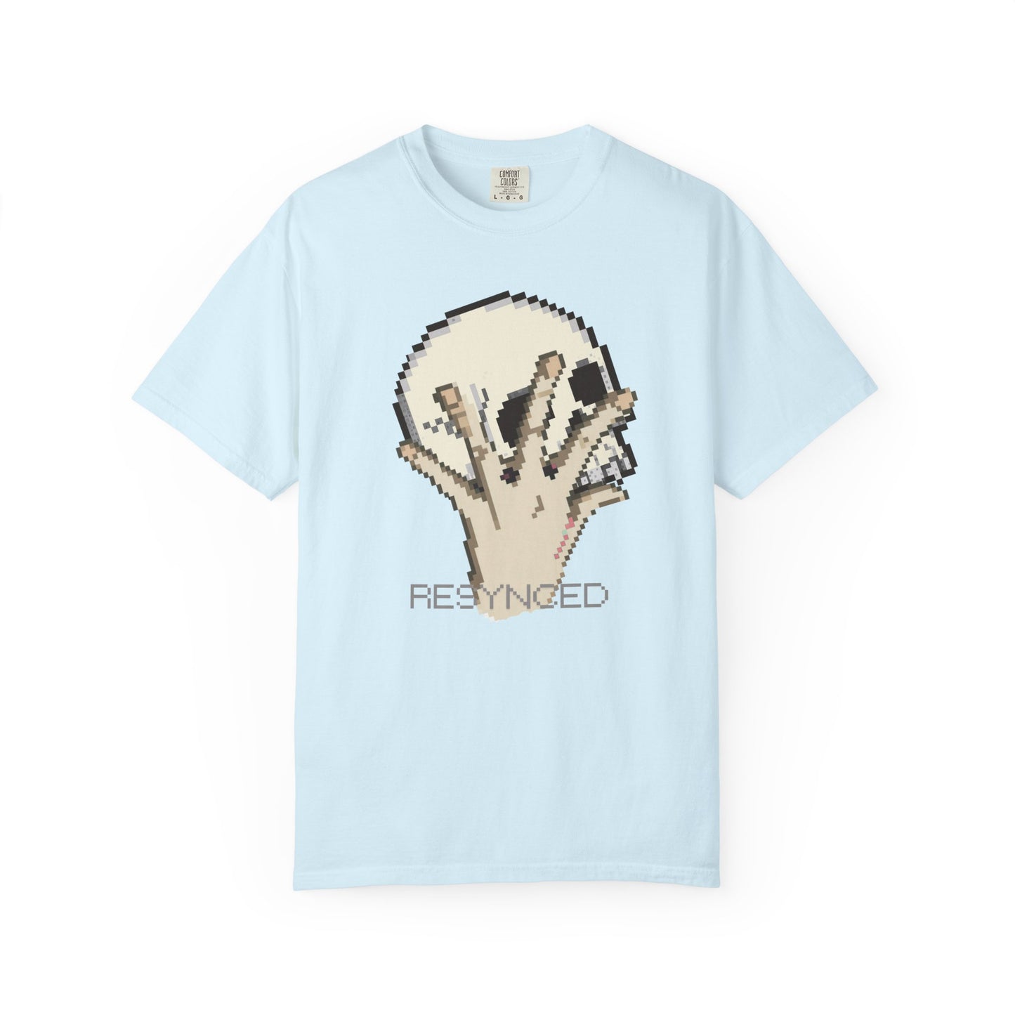 Pixel hand unisex tee glitch skull design close-up print detail
