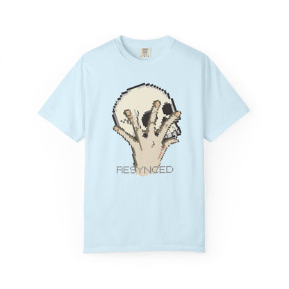 Pixel hand unisex tee glitch skull design close-up print detail
