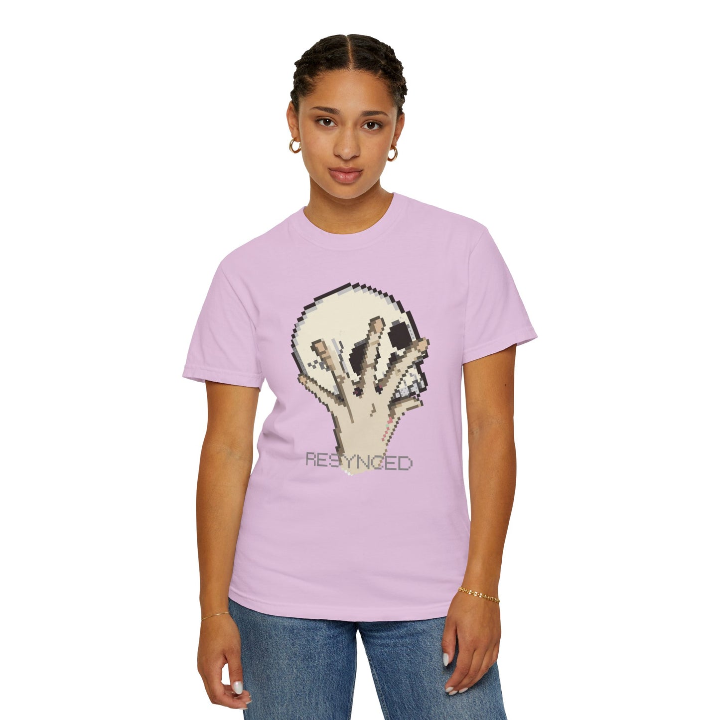 Pixel hand unisex tee label and stitching detail double-needle seams

