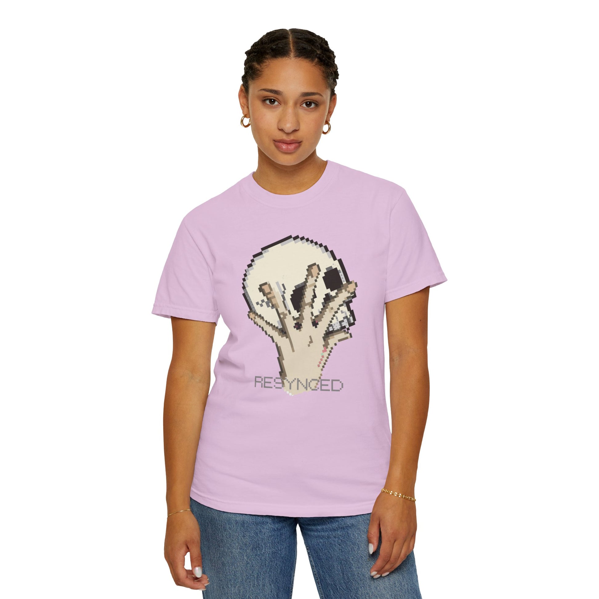 Pixel hand unisex tee label and stitching detail double-needle seams
