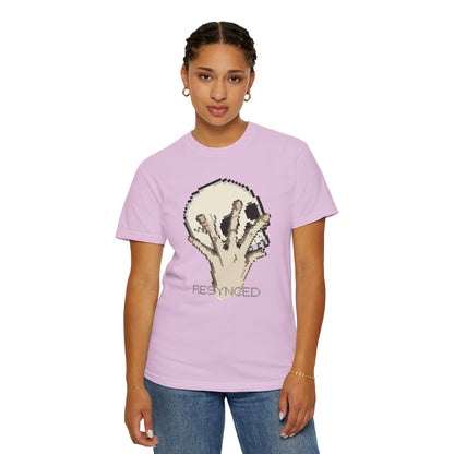 Pixel hand unisex tee label and stitching detail double-needle seams
