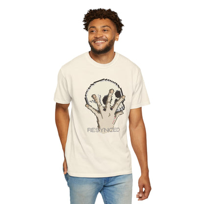 Pixel hand unisex tee with fragmented 8-bit skull print in grey and cream
