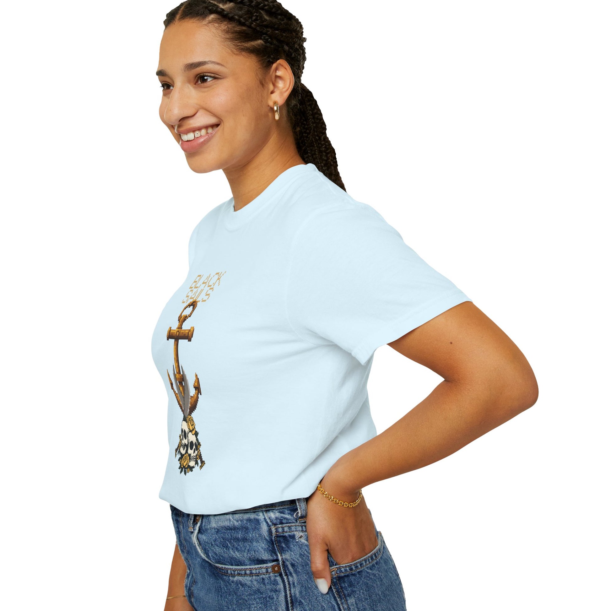 Pixel nautical graphic tee size comparison S and XL side by side flat lay
