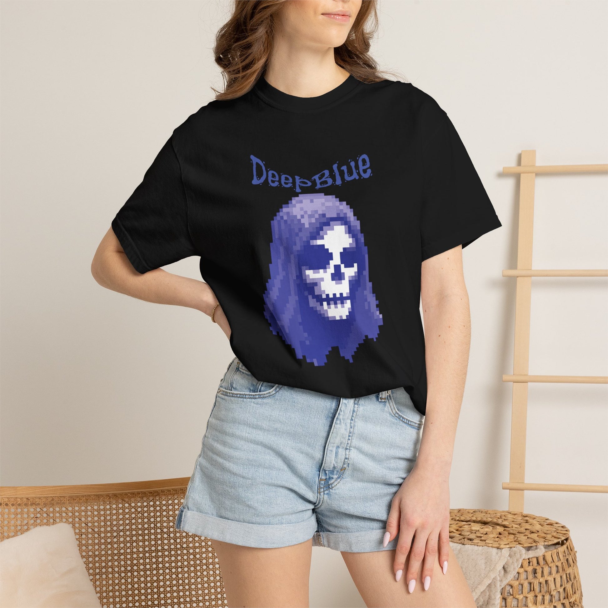 Pixel pirate shirt styled on minimalist white background product photo
