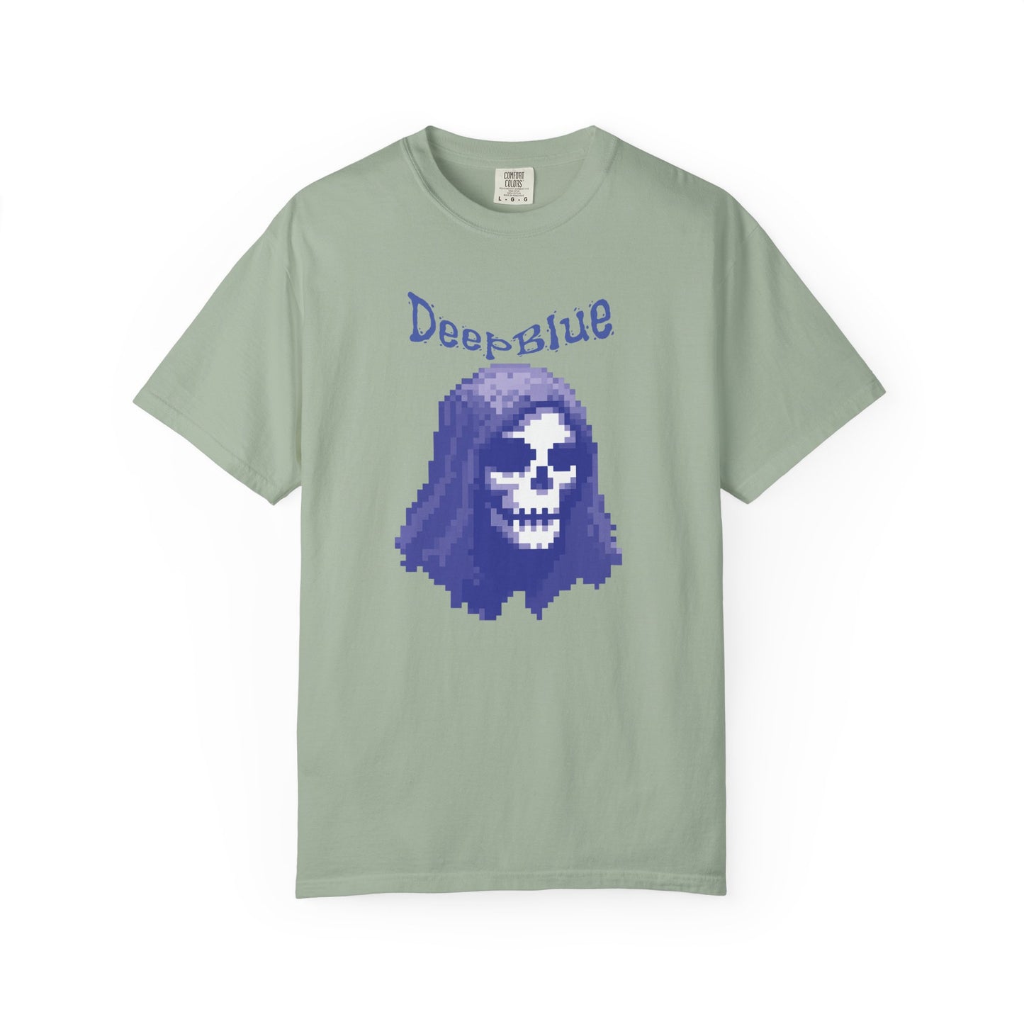Pixel skull shirt front view on model showing relaxed fit
