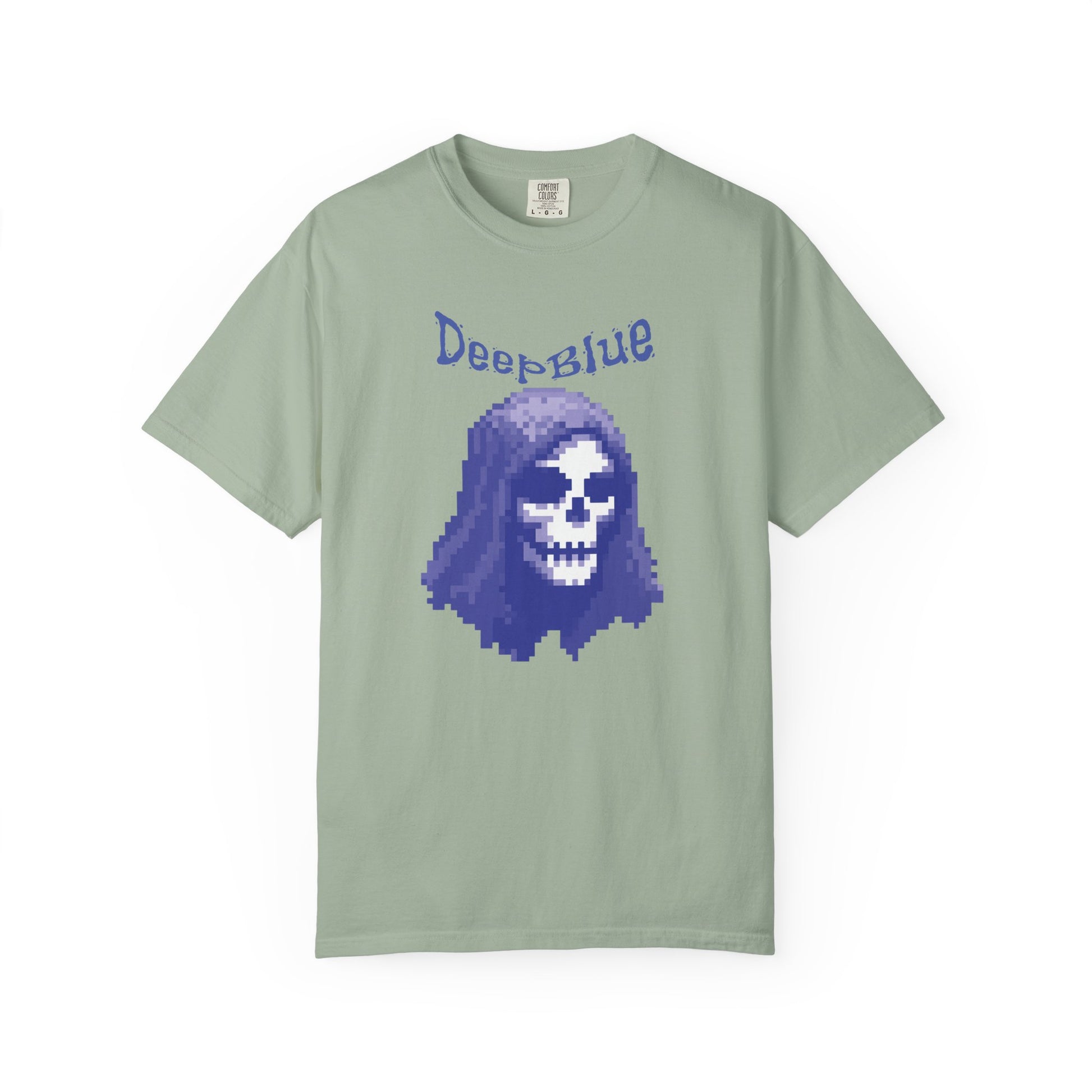 Pixel skull shirt front view on model showing relaxed fit
