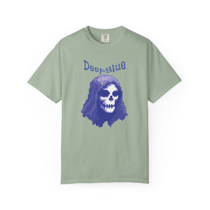 Pixel skull shirt front view on model showing relaxed fit
