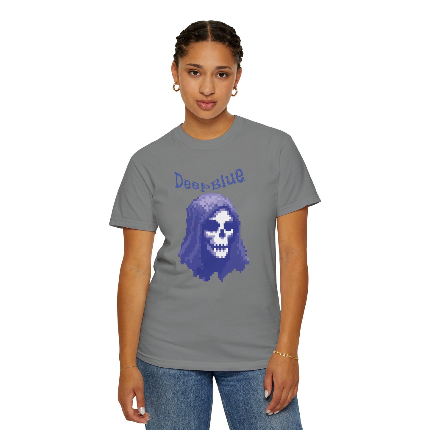 Pixel skull shirt overhead flat lay on dark textured background
