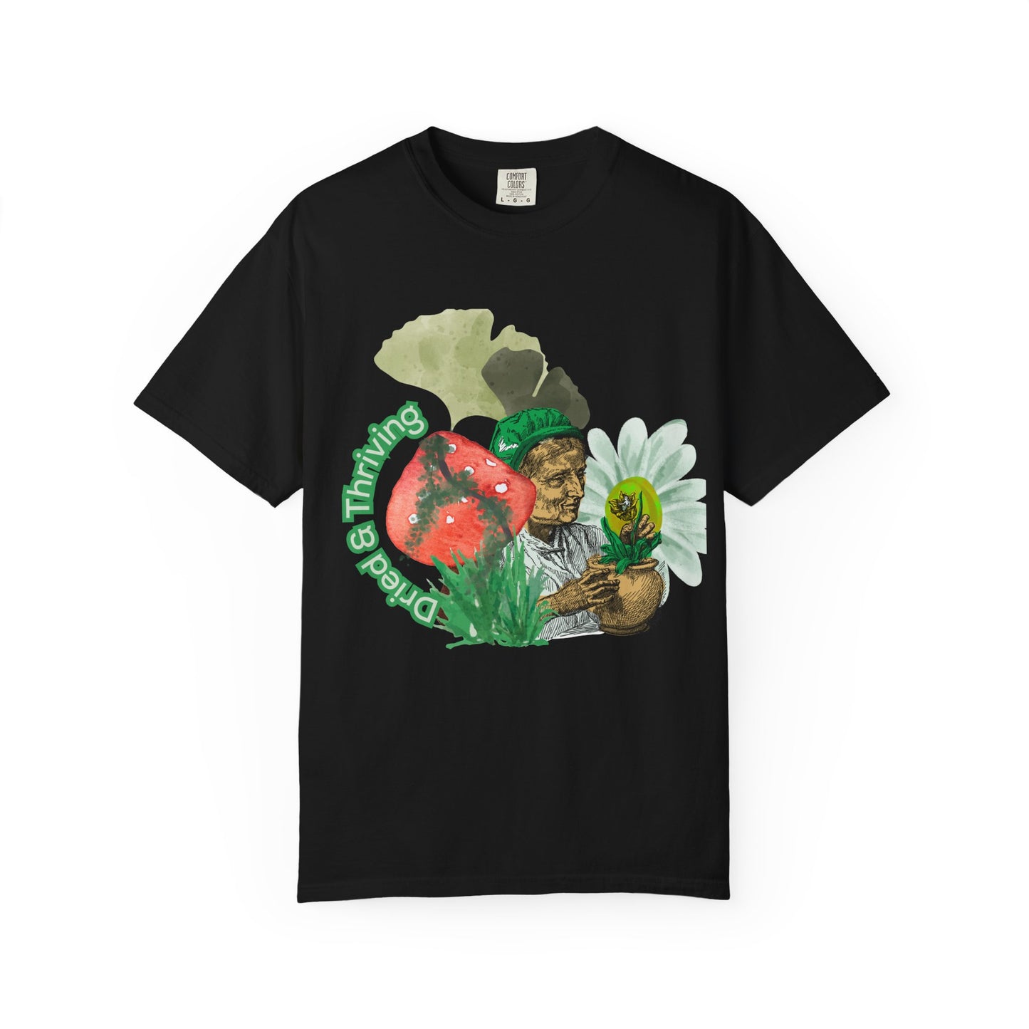 Plant Thriving text tee with antique-style botanical illustration for gardeners