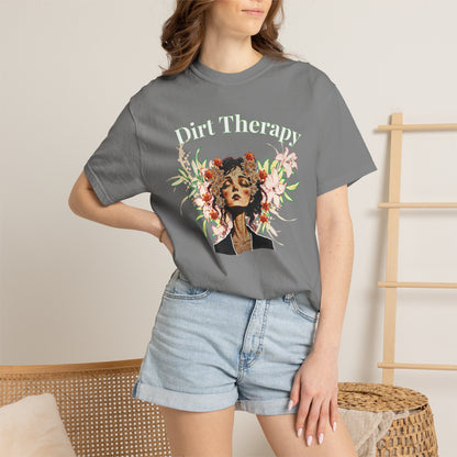 Plant mom graphic tee styled with linen trousers and worn boots for cottagecore outfit