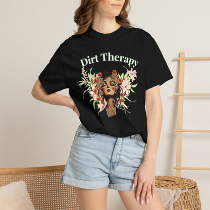 Plant mom graphic tee with Dirt Therapy lettering in botanical illustration style