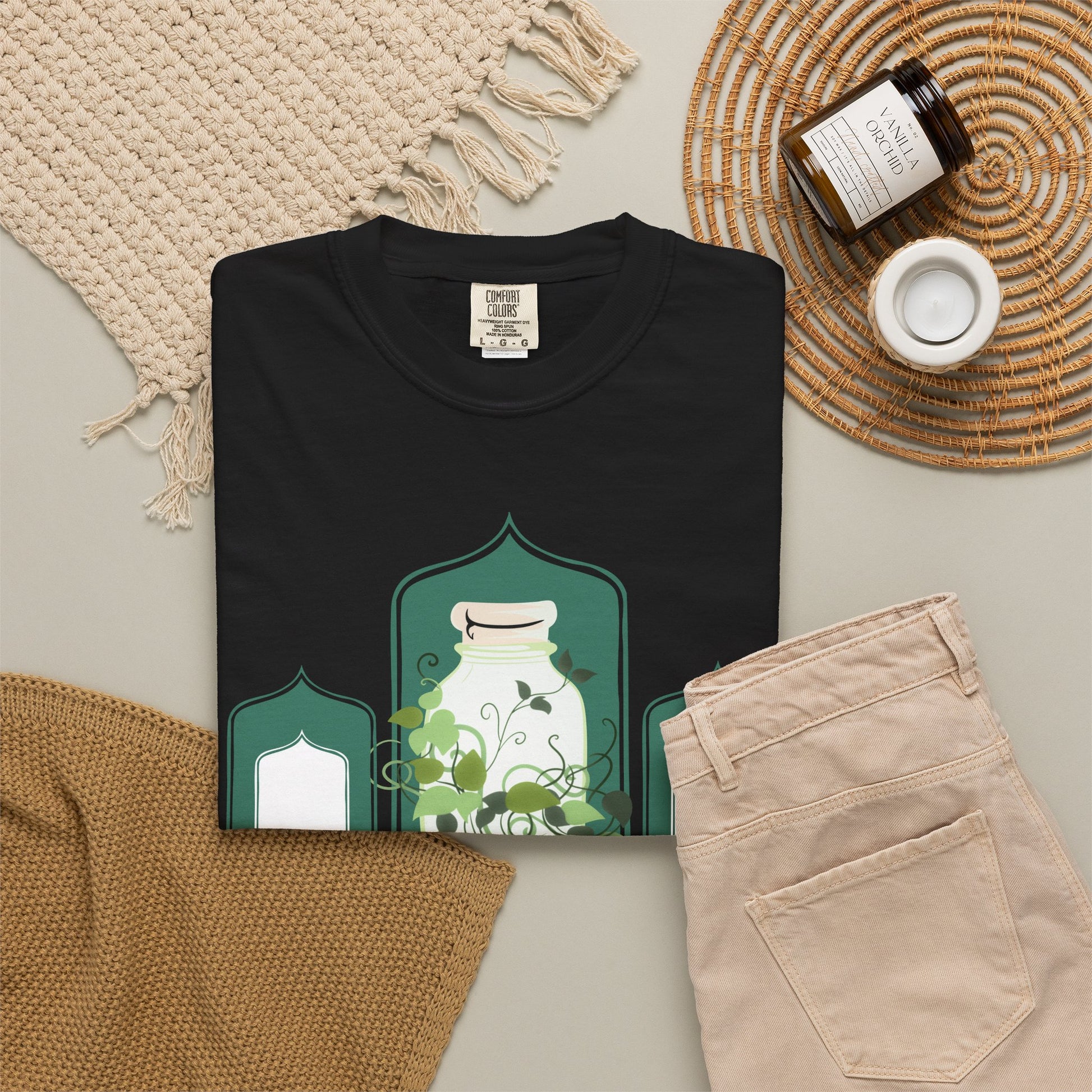 Plant propagation quote tee with vine and jar graphic