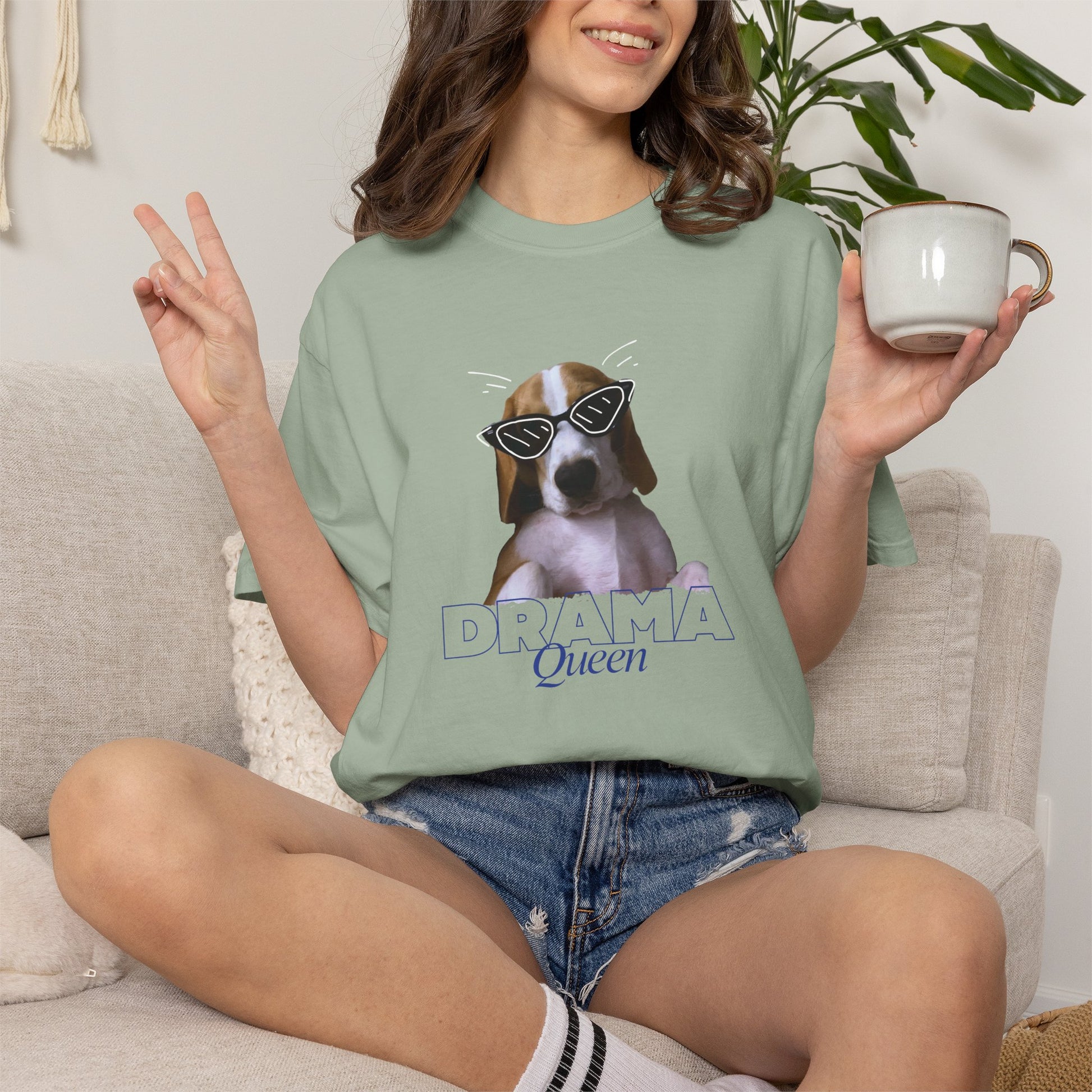 Playful beagle in retro shades Queen script graphic on garment dyed tee