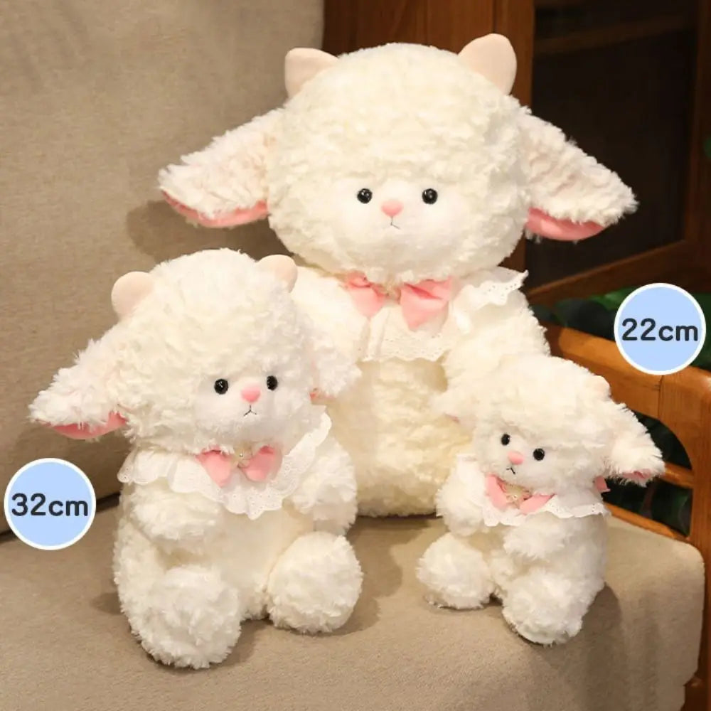 Plush lamb toy sleeping pose full body view