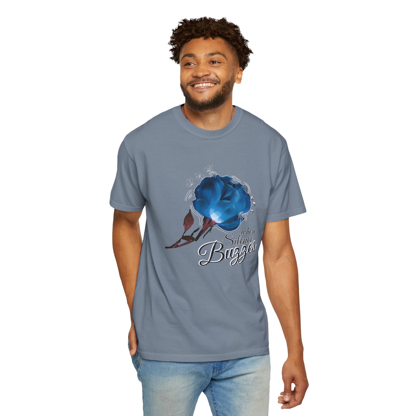Pollinator art shirt giftwrap flat lay with dried flowers and garden accessories