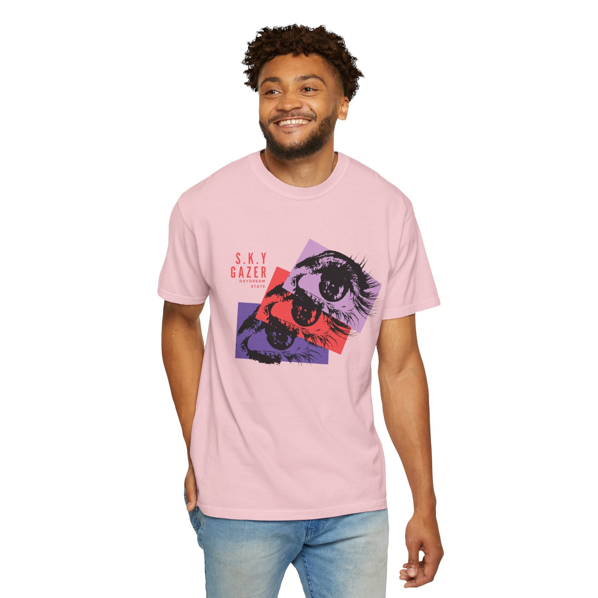 Pop art eye shirt graphic after washing showing garment dyed color depth retained over time