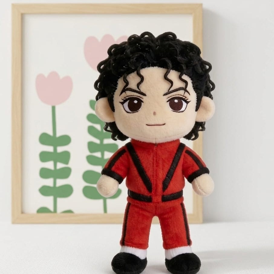 Pop legend plush collectible front view, red jumpsuit design
