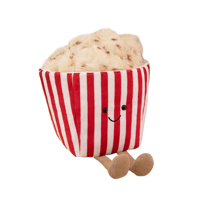 Popcorn plush toy with red and white striped container design