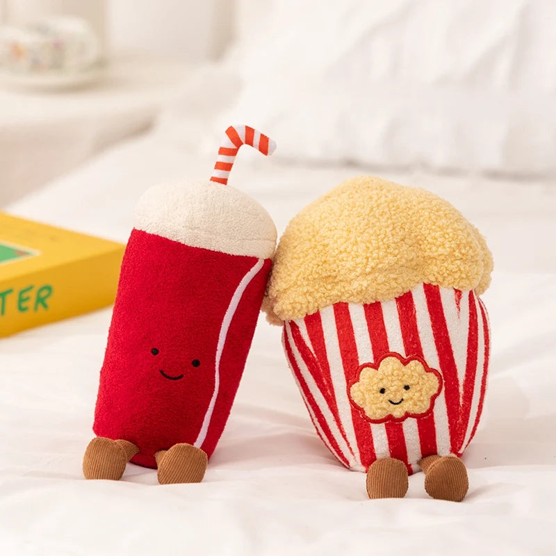 Popcorn stuffed animal 27cm with smiling face and classic striped bucket design front view
