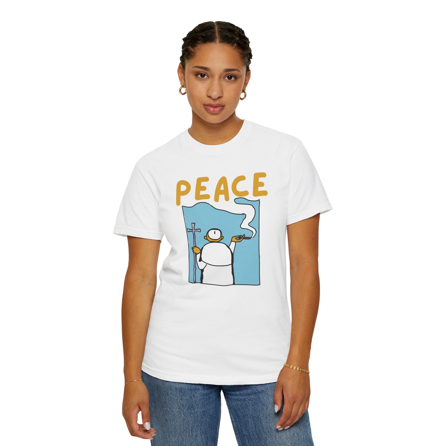 Positive energy clothing peace graphic tee folded stack in earth tones