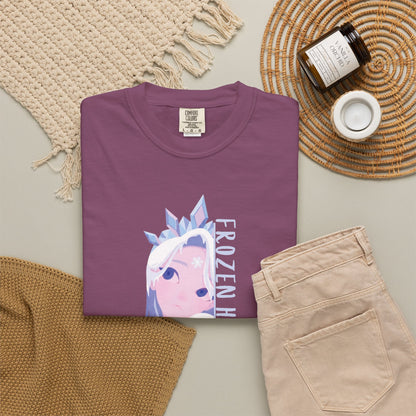 Premium heavyweight cotton tee featuring ice-blue cryo empress gaze and frozen heart typography art
