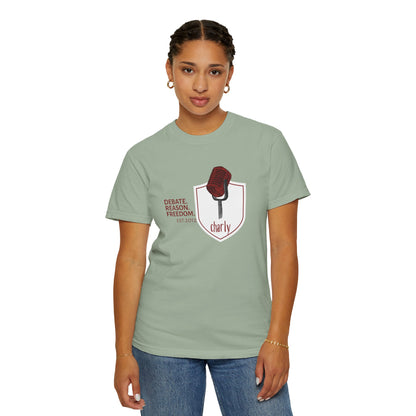 Public speaker gift debate shirt lifestyle photo worn by person at a podium or lectern