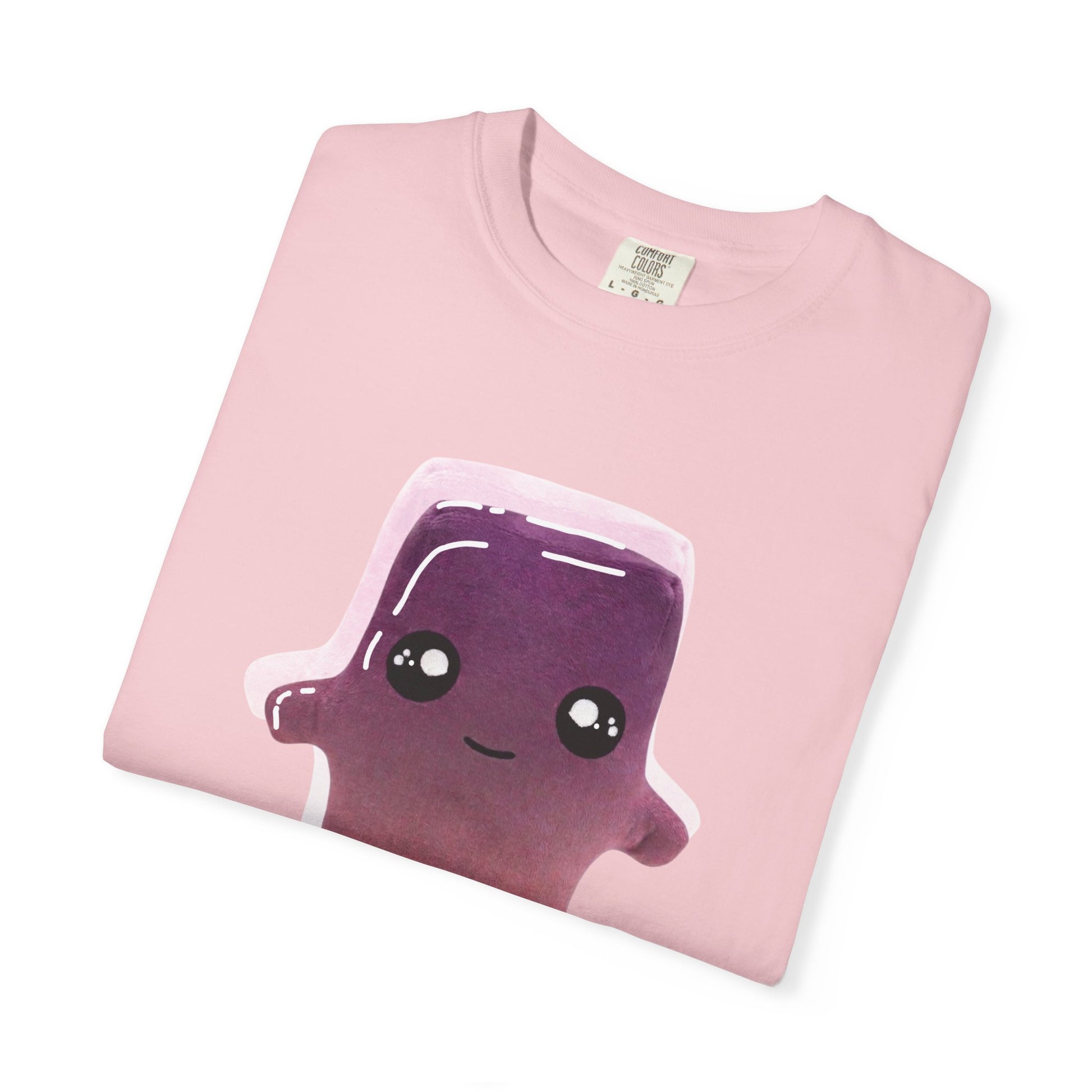 Purple jelly candy character tee worn oversized tucked into midi skirt outfit
