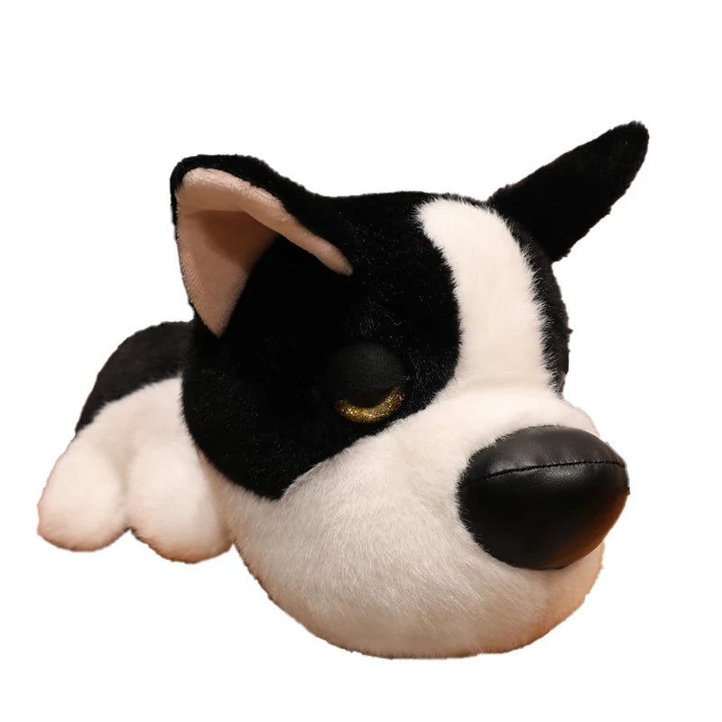 Quirky big head dog plush with fisheye lens design and sleepy eyes 30cm