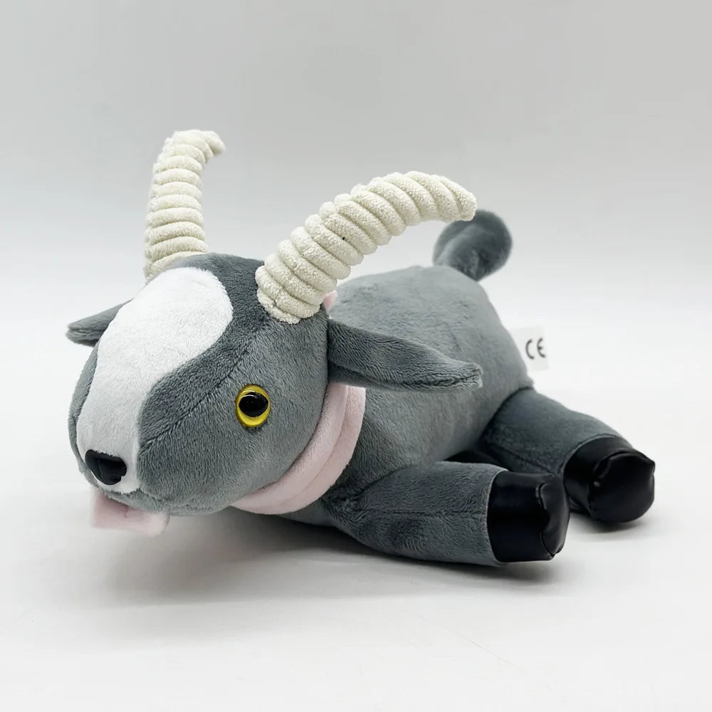 Quirky goat plushie grey handmade stuffed animal full body view