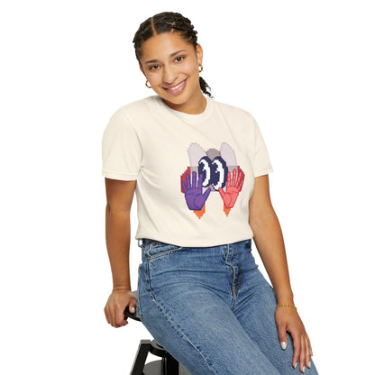 Quirky graphic tee mirrored mechanical hands pixel art center chest close up
