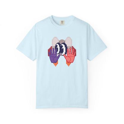 Quirky graphic tee pixel hands and eyes artwork center chest close up

