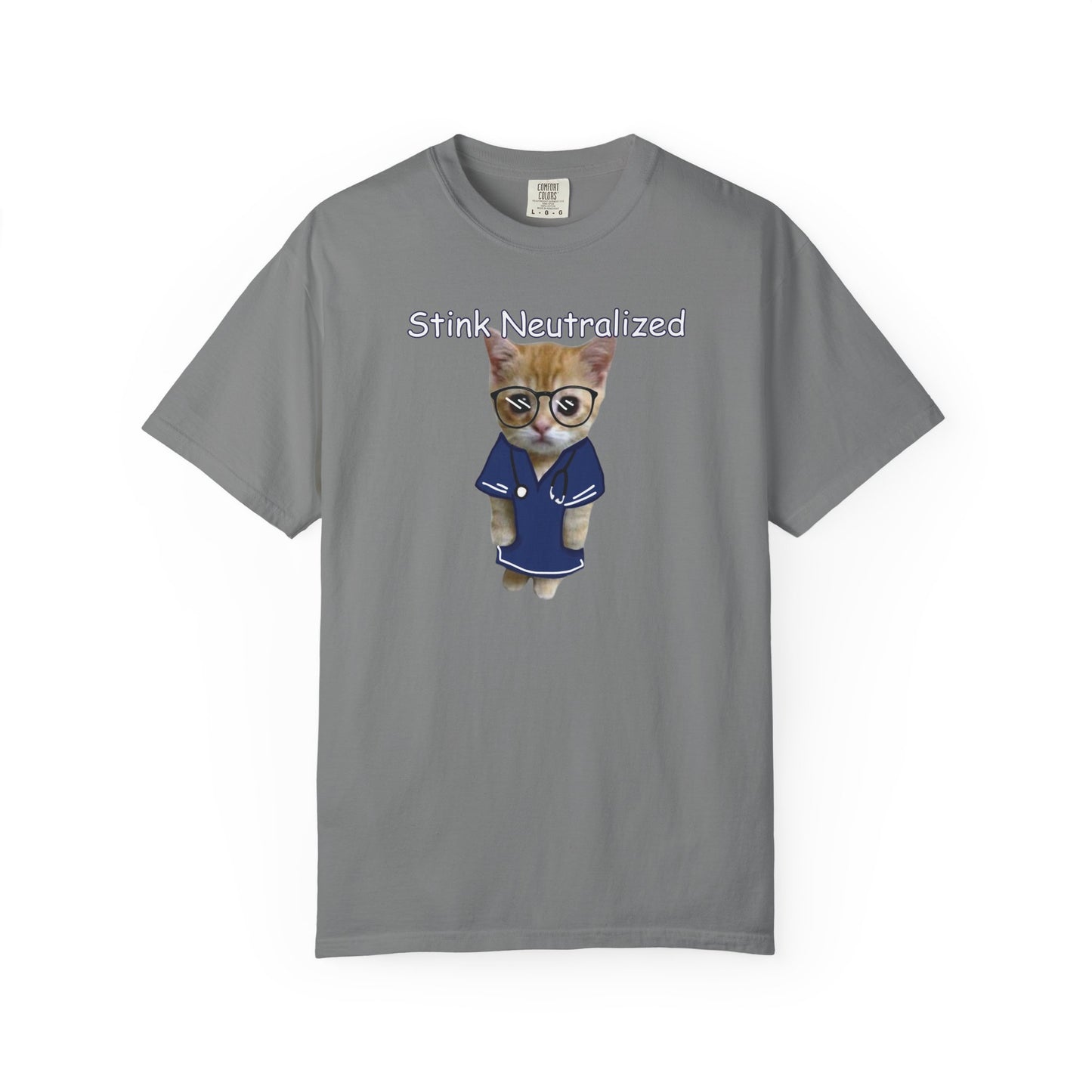 Quirky kitten scientist graphic tee with humorous Stink Neutralized slogan