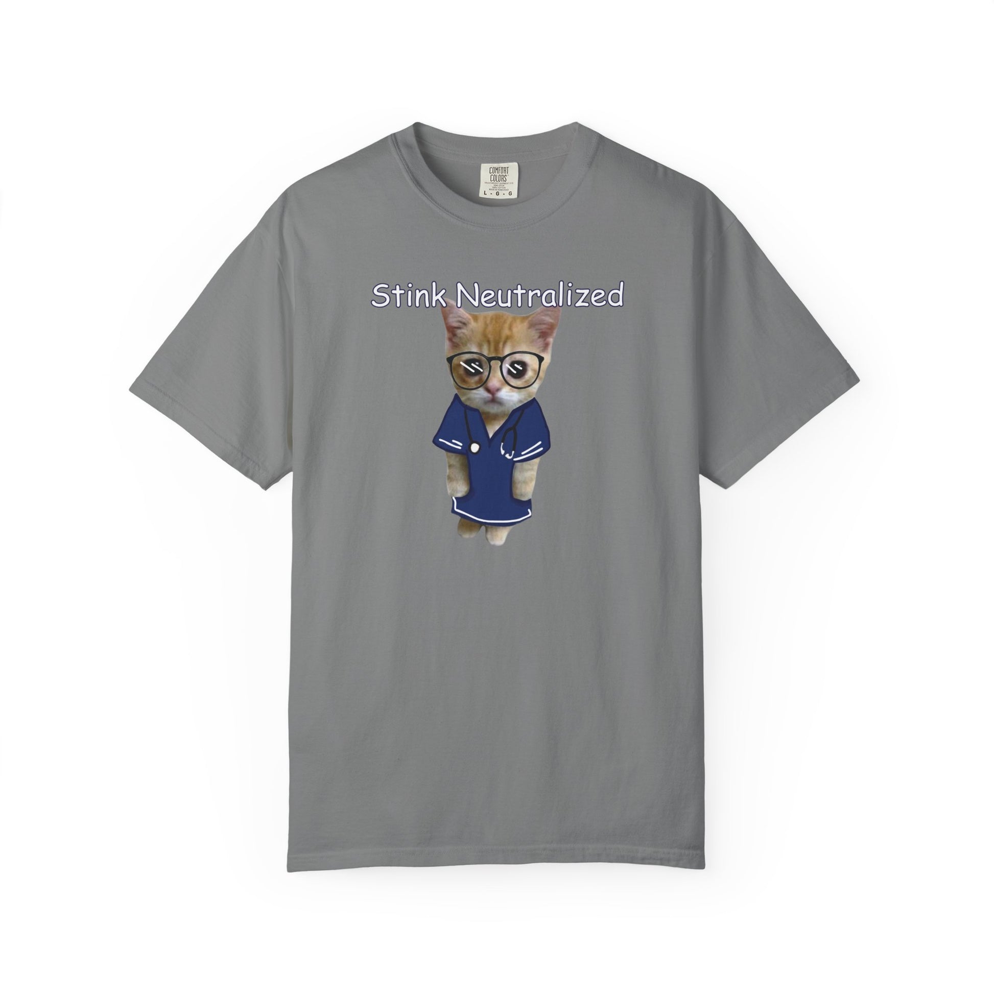 Quirky kitten scientist graphic tee with humorous Stink Neutralized slogan