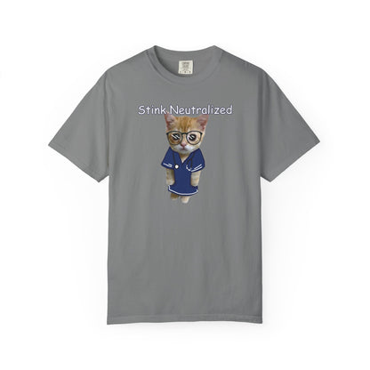 Quirky kitten scientist graphic tee with humorous Stink Neutralized slogan