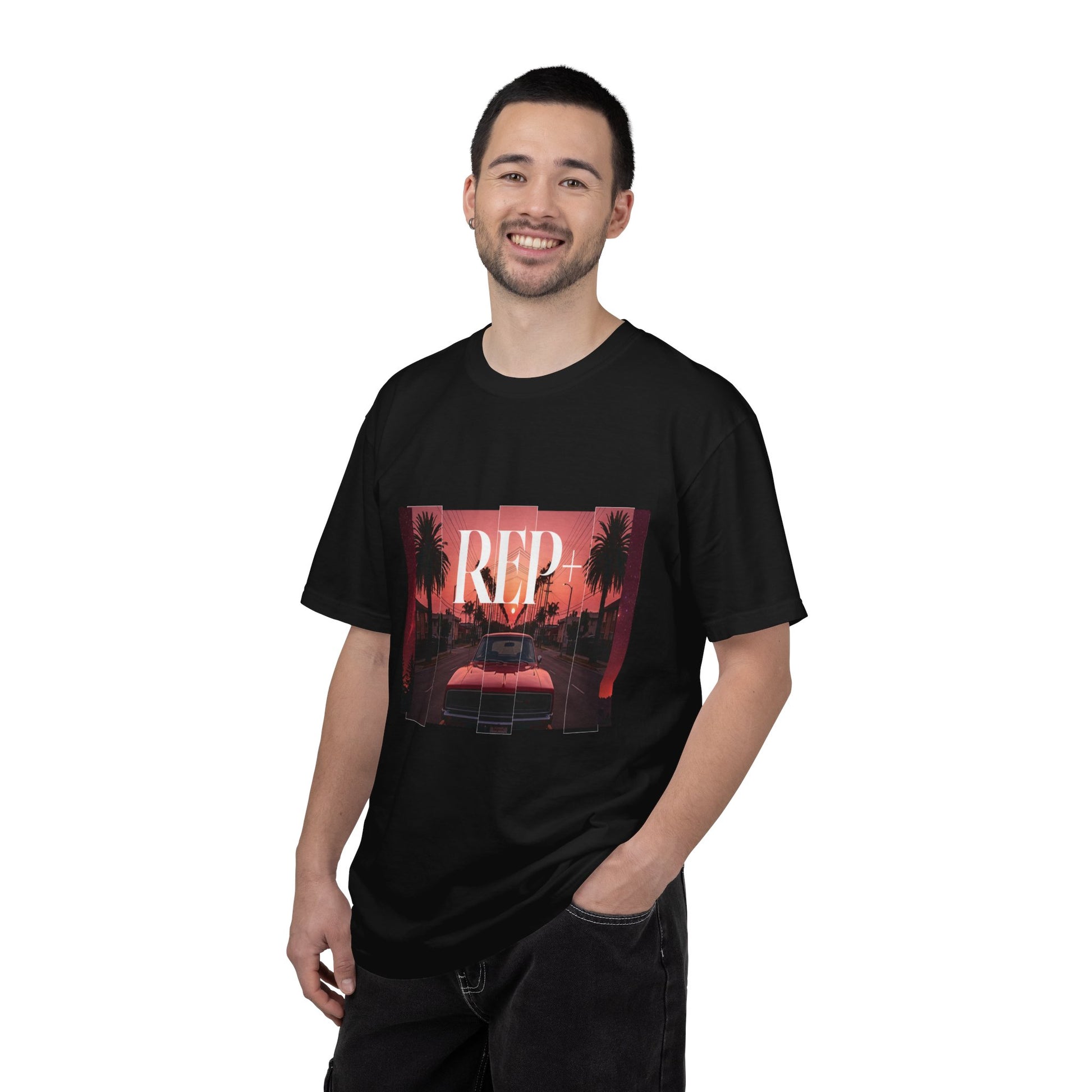 REP+ retro tee with film-grain sunset muscle car print on garment-dyed cotton