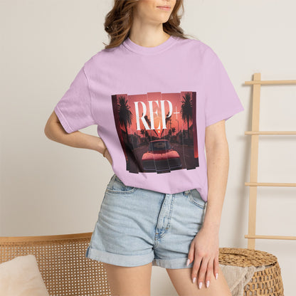 REP+ tee featuring low-slung red car and cinematic outrun-style evening backdrop