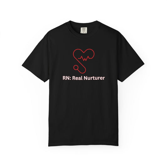 RN Real Nurturer nursing tee with red heartbeat and stethoscope graphic