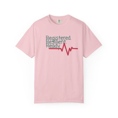 RN gift shirt with red heartbeat pulse line and hand-lettered design