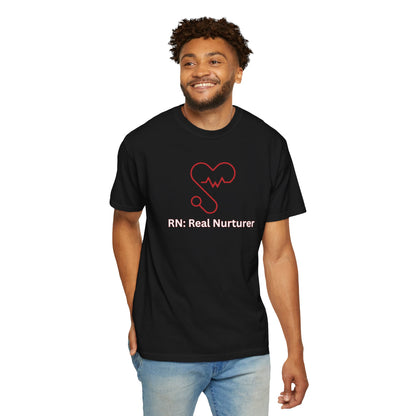 RN pride shirt with muted red stethoscope and heartbeat graphic print