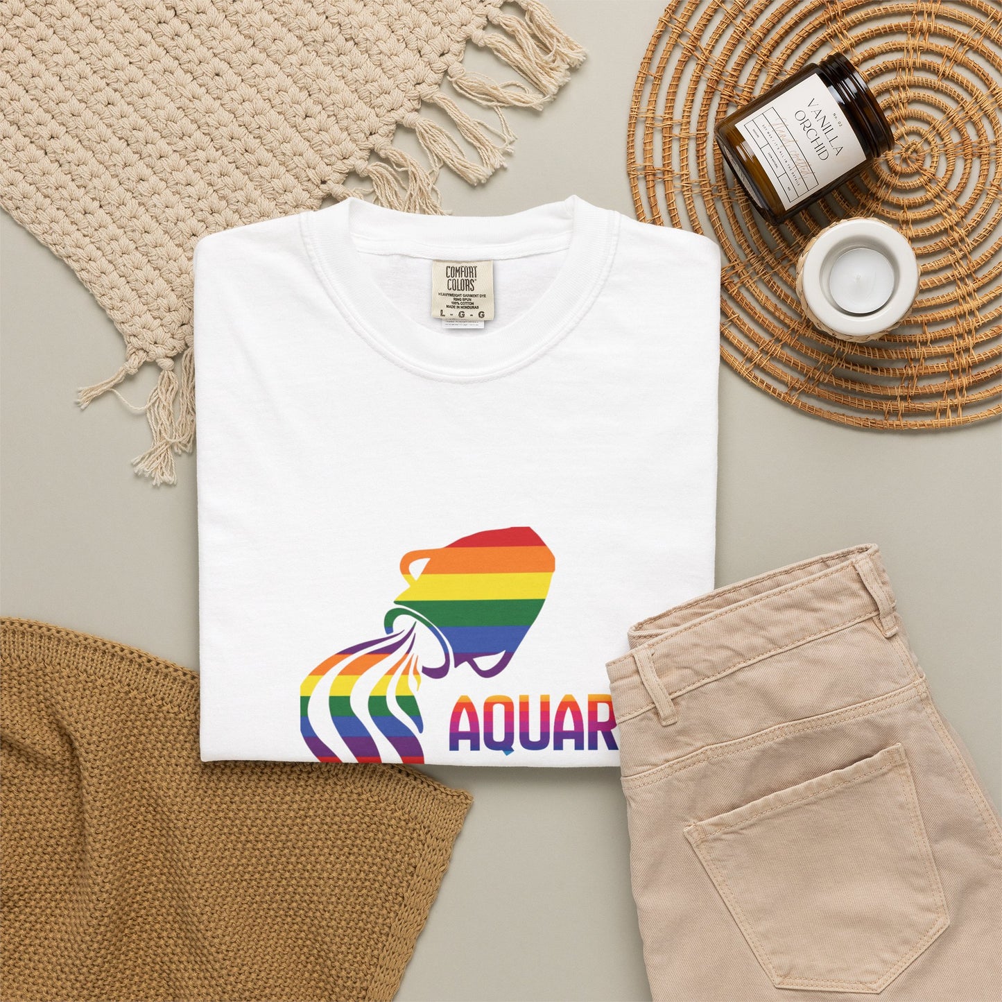 Rainbow Aquarius sign graphic on soft vintage-feel shirt