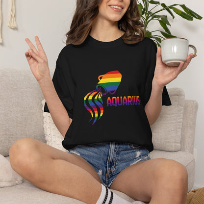 Rainbow water-bearer zodiac print on vintage-wash cotton shirt