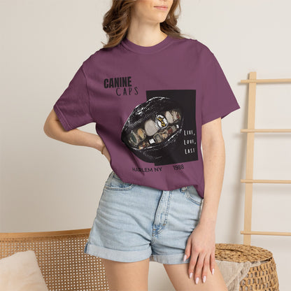 Rap culture apparel canine caps tee hanging on rack storefront style